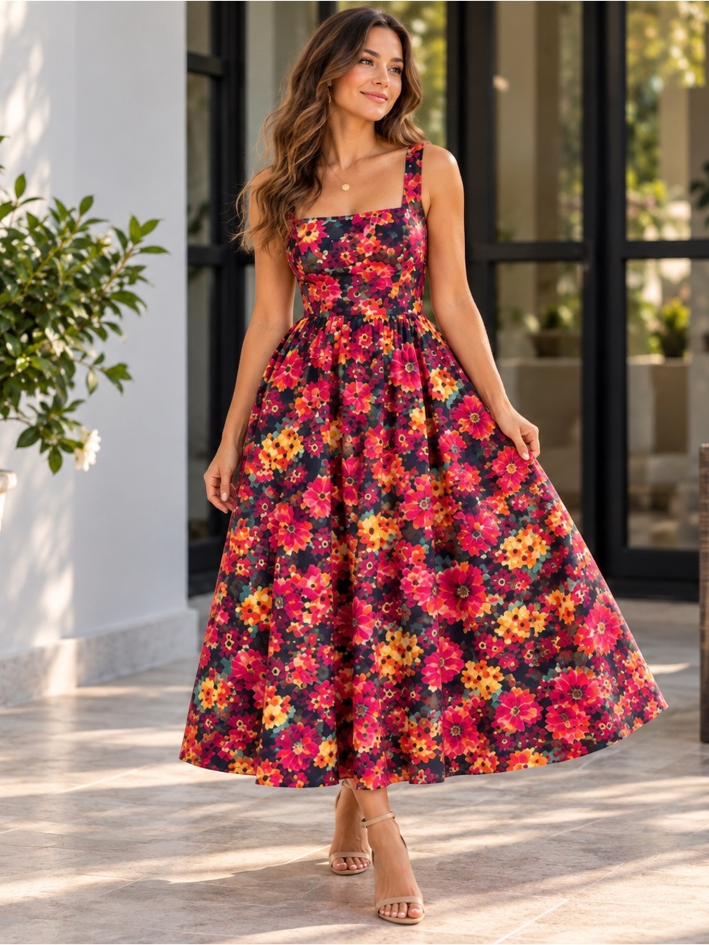 Lusio Italian Floral Cotton Corset Fit & Flare Midi Dress Size M NWOT Romantic